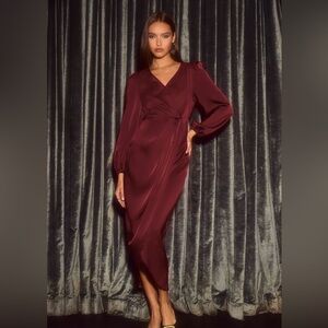 Cupshe Burgundy Satin Surplice Draped Tulip Hem Midi Dress